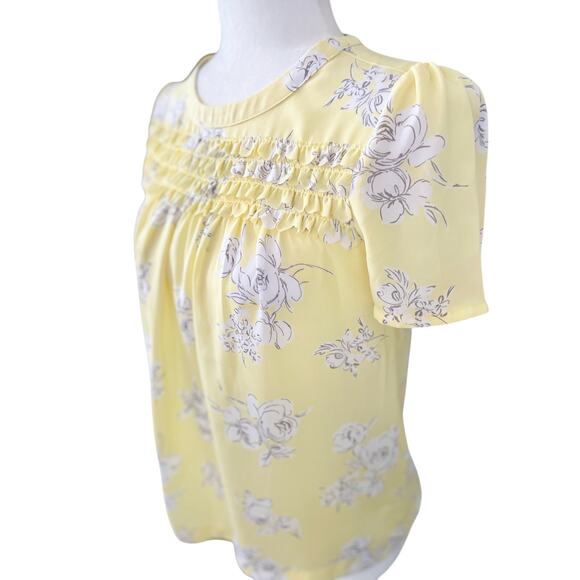 Elle Womens Yellow and Grey Floral Short Sleeve Ruffled Blouse Size XS - Picture 3 of 13